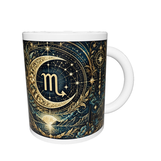 Scorpio Celestial zodiac mug 360 degree view with white top and bottom borders