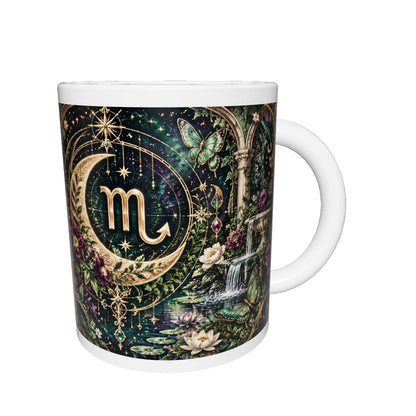 Scorpio Enchanted Garden zodiac mug 360 degree view with white top and bottom borders