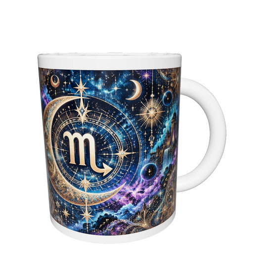 Scorpio Cosmic Tapestry zodiac mug 360 degree view with white top and bottom borders
