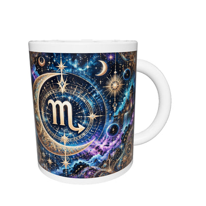 Scorpio Cosmic Tapestry zodiac mug 360 degree view with white top and bottom borders