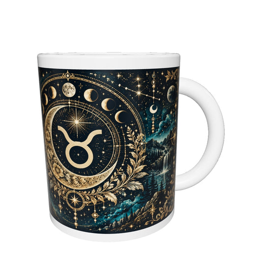 Taurus Celestial zodiac mug 360 degree view with white top and bottom borders