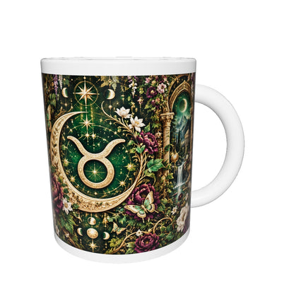 Taurus Enchanted Garden zodiac mug 360 degree view with white top and bottom borders