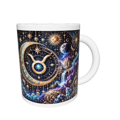 Taurus Cosmic Tapestry zodiac mug 360 degree view with white top and bottom borders