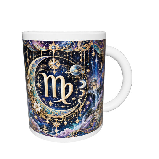 Virgo Cosmic Tapestry zodiac mug 360 degree view with white top and bottom borders