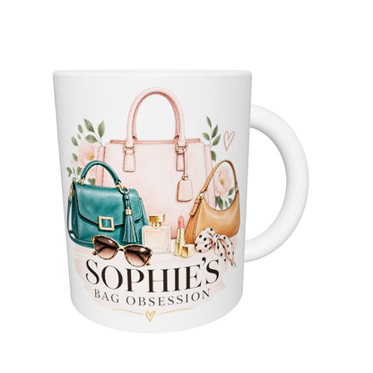 Rotatable 3D preview of the Bag Obsession 11oz mug with Sophie’s example name, plain reverse and underside