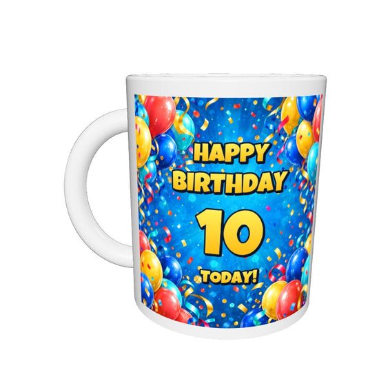 10th Birthday Colourful Balloons Mug — drag to rotate 360 degrees