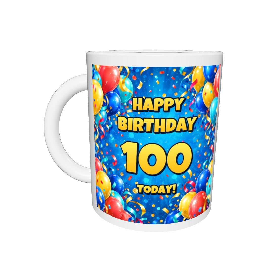 100th Birthday Colourful Balloons Mug — drag to rotate 360 degrees