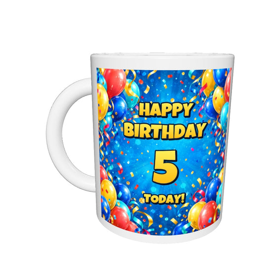 5th Birthday Colourful Balloons Mug — drag to rotate 360 degrees