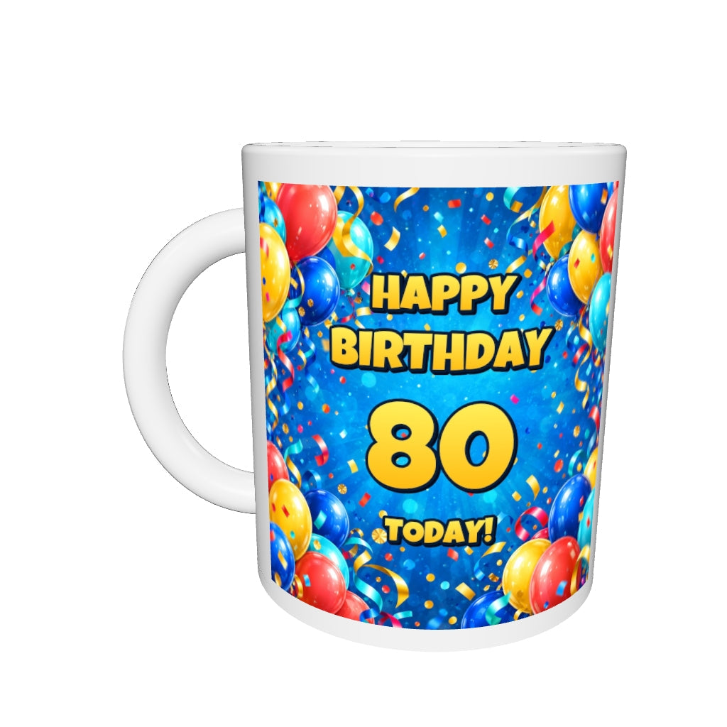 80th Birthday Colourful Balloons Mug — drag to rotate 360 degrees
