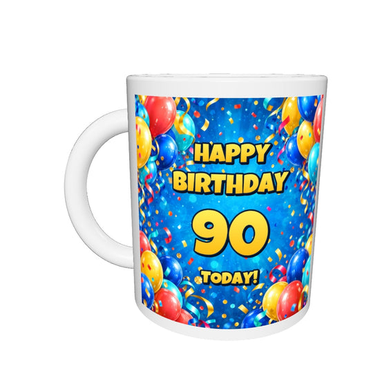 90th Birthday Colourful Balloons Mug — drag to rotate 360 degrees