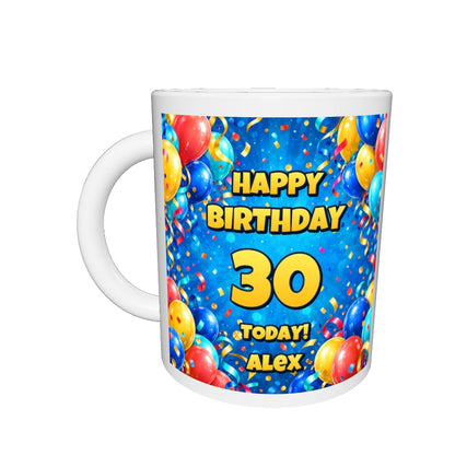 Personalised Name & Age Birthday Balloons Mug — drag to rotate 360 degrees