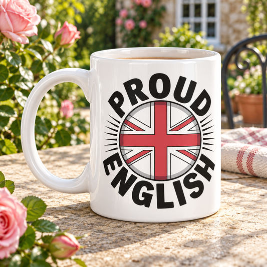 Proud English Flag – England Heritage Mug shown in a themed setting
