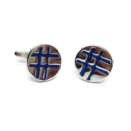 Round Silver- Blue Lined Pattern Cufflinks | Ashton and Finch