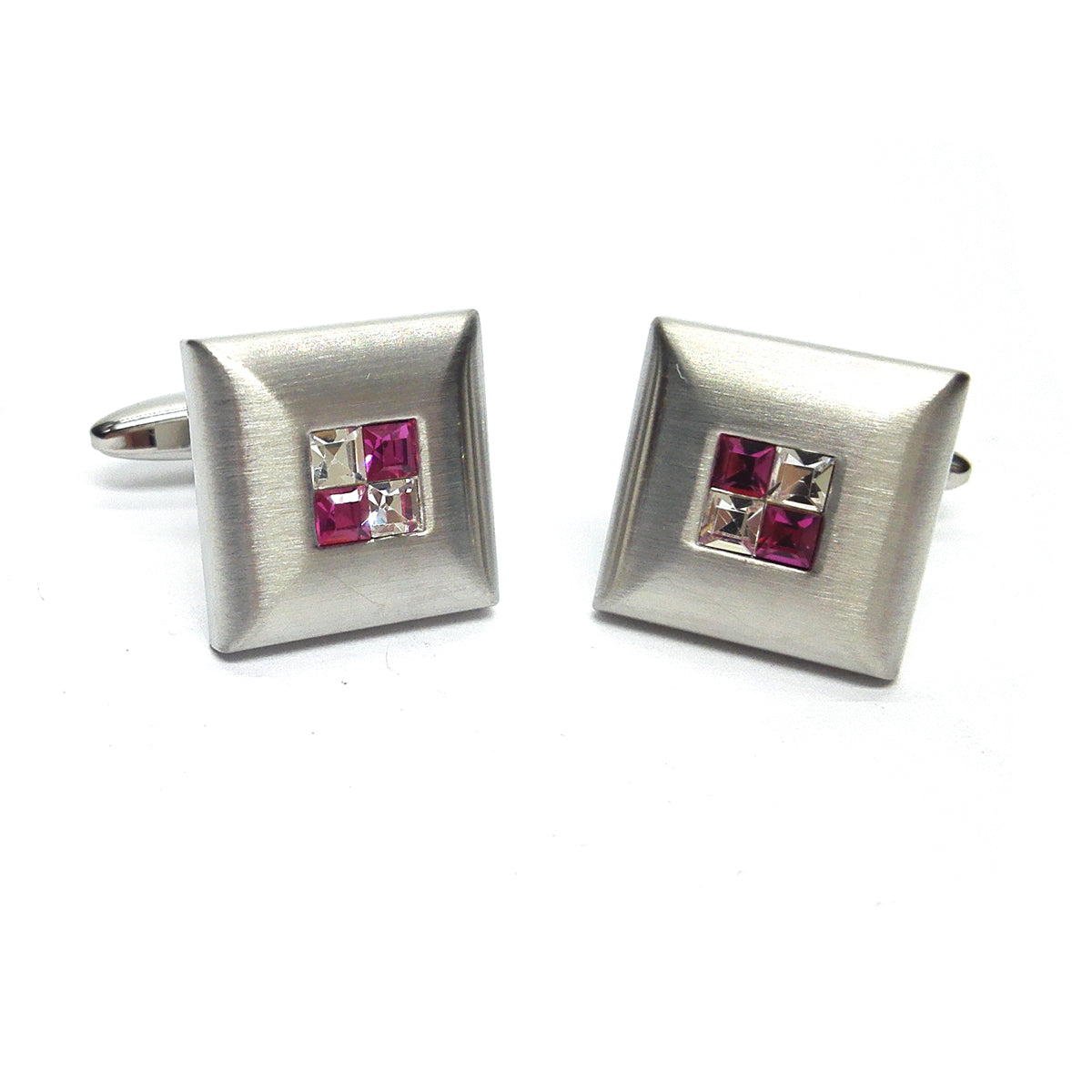 Brushed Metal with Crystals Fuchsia Classic Cufflinks | Ashton and Finch