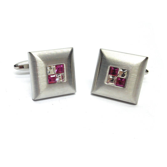 Brushed Metal with Crystals Fuchsia Classic Cufflinks | Ashton and Finch
