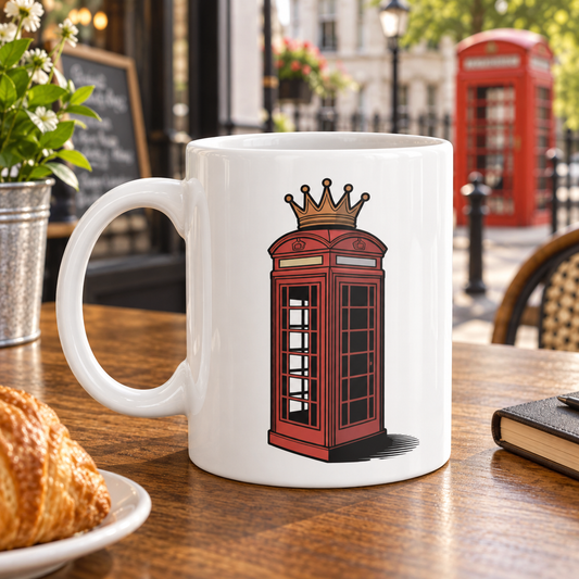 Red Phone Box – Classic British Icon Mug shown in a themed setting