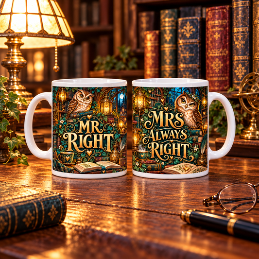 Mr Right and Mrs Always Right — Wise Owls Mug Set – two-mug set front designs