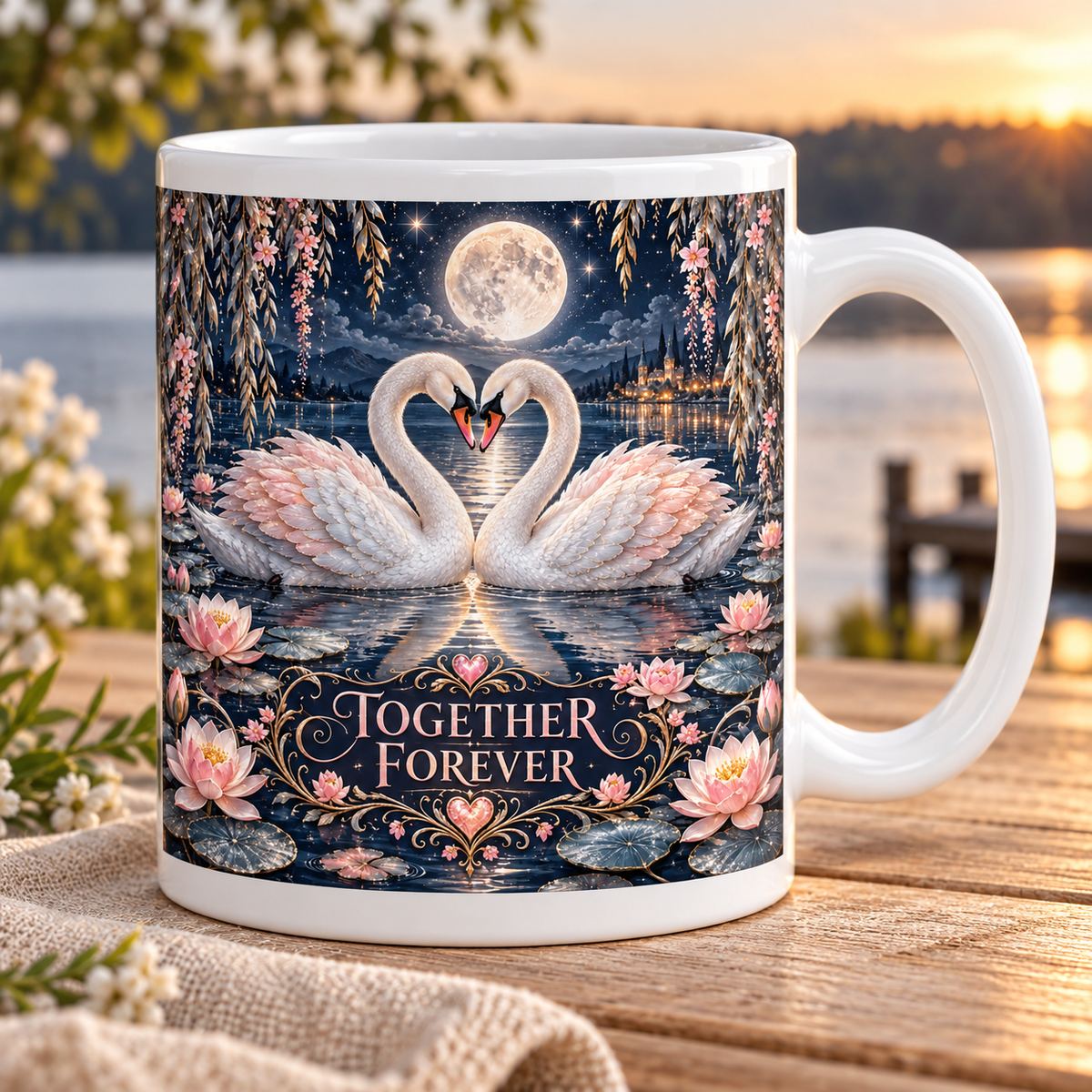 Together Forever — Moonlit Swans Mug – front design