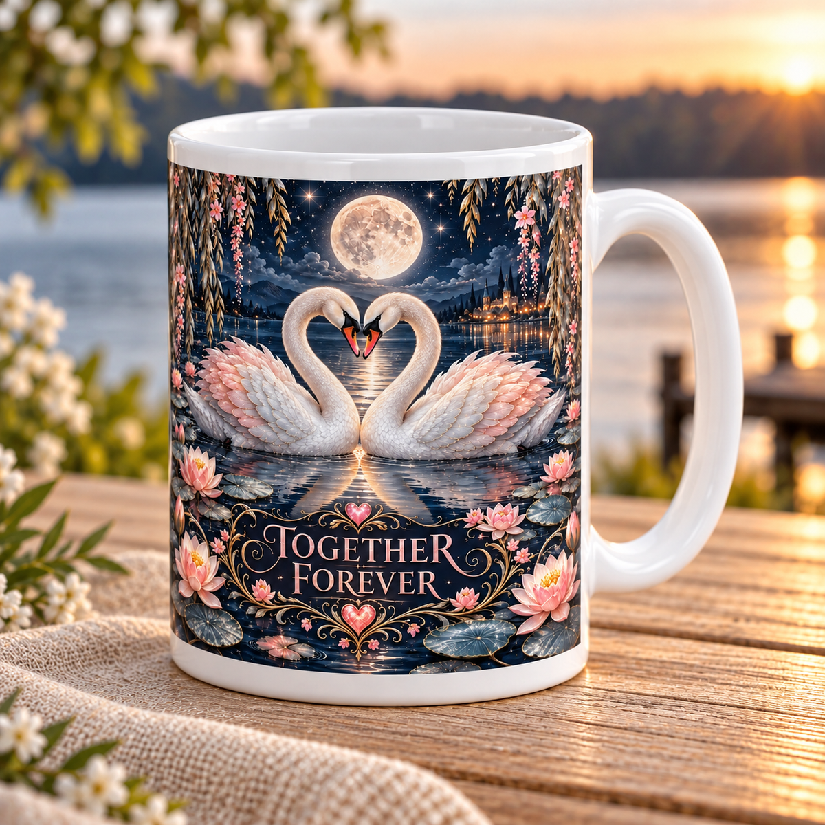 Together Forever — Moonlit Swans Mug – angled view