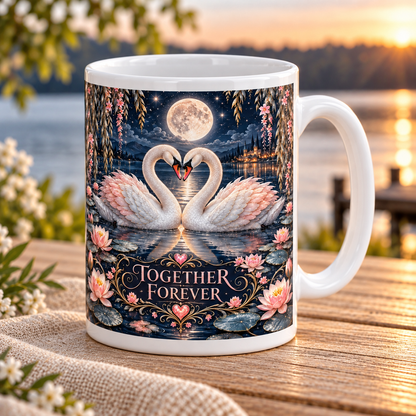 Together Forever — Moonlit Swans Mug – angled view