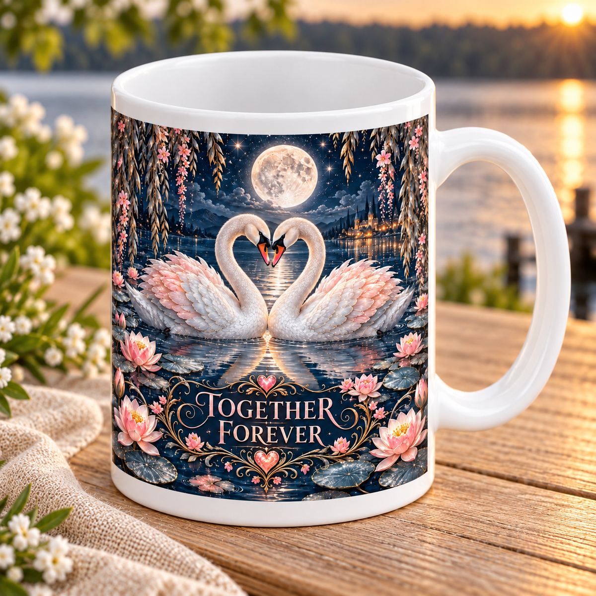 Together Forever — Moonlit Swans Mug – print detail