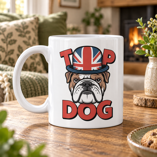 English Bulldog – Top Dog Coffee Mug shown in a themed setting
