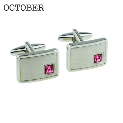 Birthstone Anniversary Cufflinks – Light Brushed Rhodium Plated Men's Formal Accessories