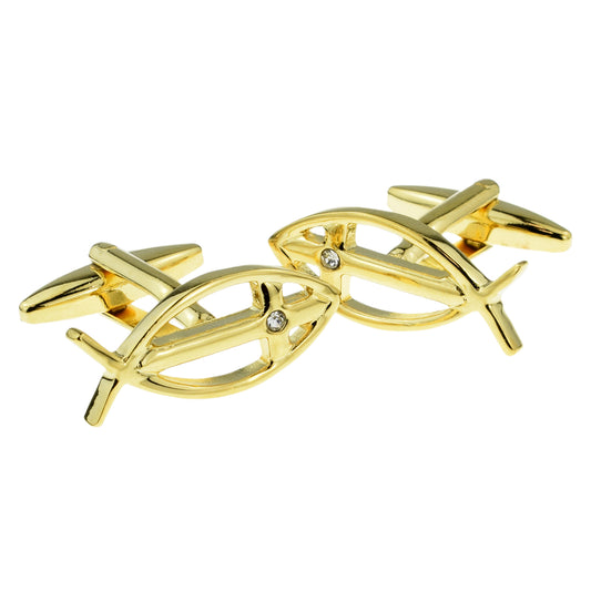 Gold Plated Christian Ichthus Crystal Detail Religion Religious Cufflinks | Ashton and Finch