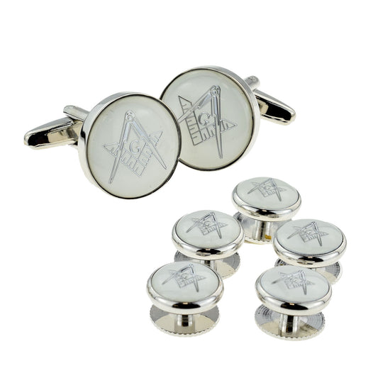 White & Silver Enamelled Masonic Cufflinks with G & 5 Button Stud Set | Ashton and Finch