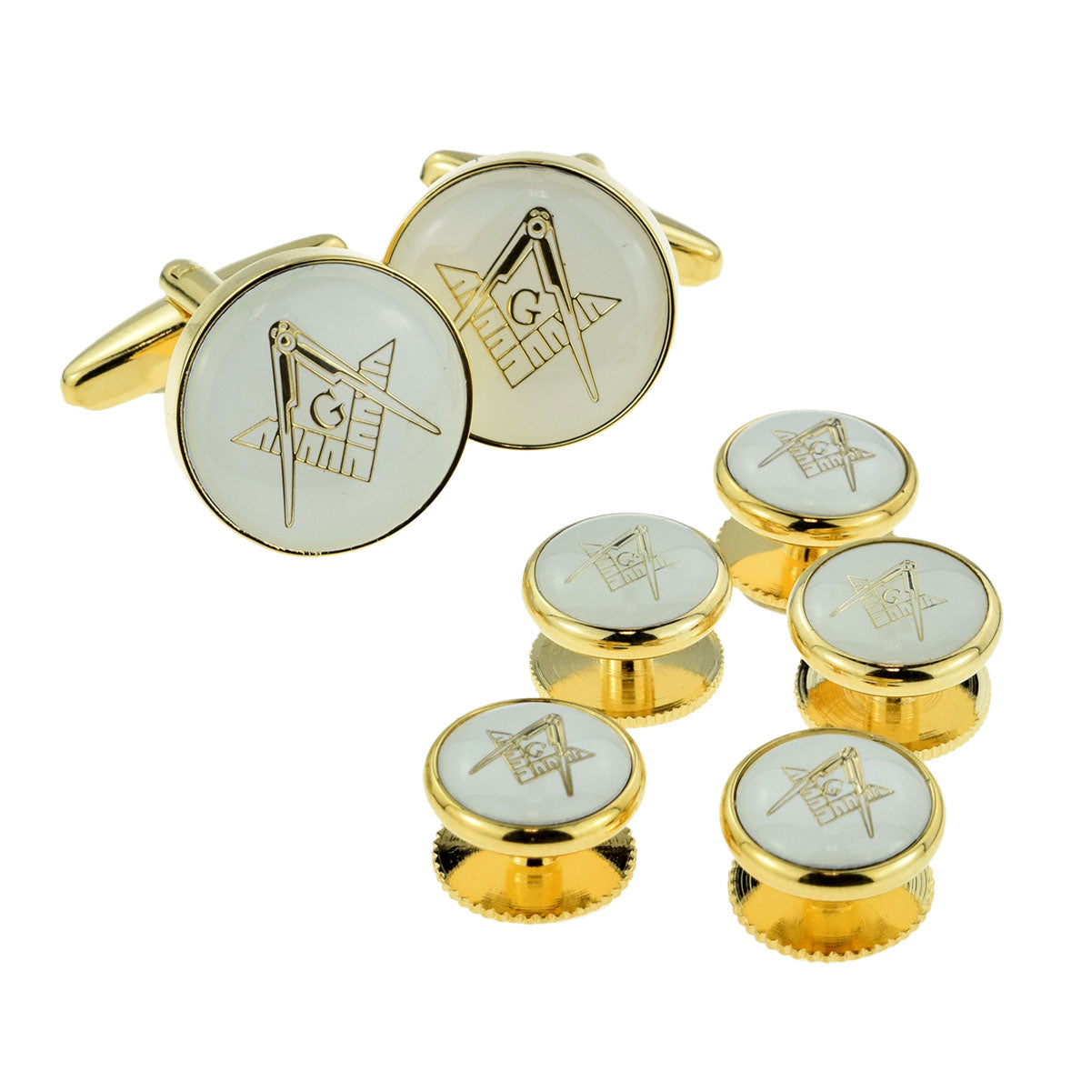 White & Gold Enamelled Masonic Cufflinks with G & 5 Button Stud Set | Ashton and Finch