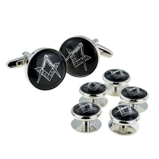 Black & Silver Enamelled Masonic Cufflinks & 5 Button Stud Set | Ashton and Finch
