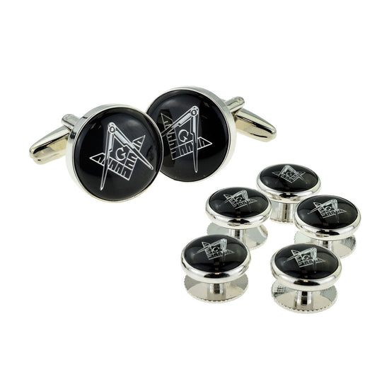 Black & Silver Enamelled Masonic Cufflinks with G & 5 Button Stud Set | Ashton and Finch