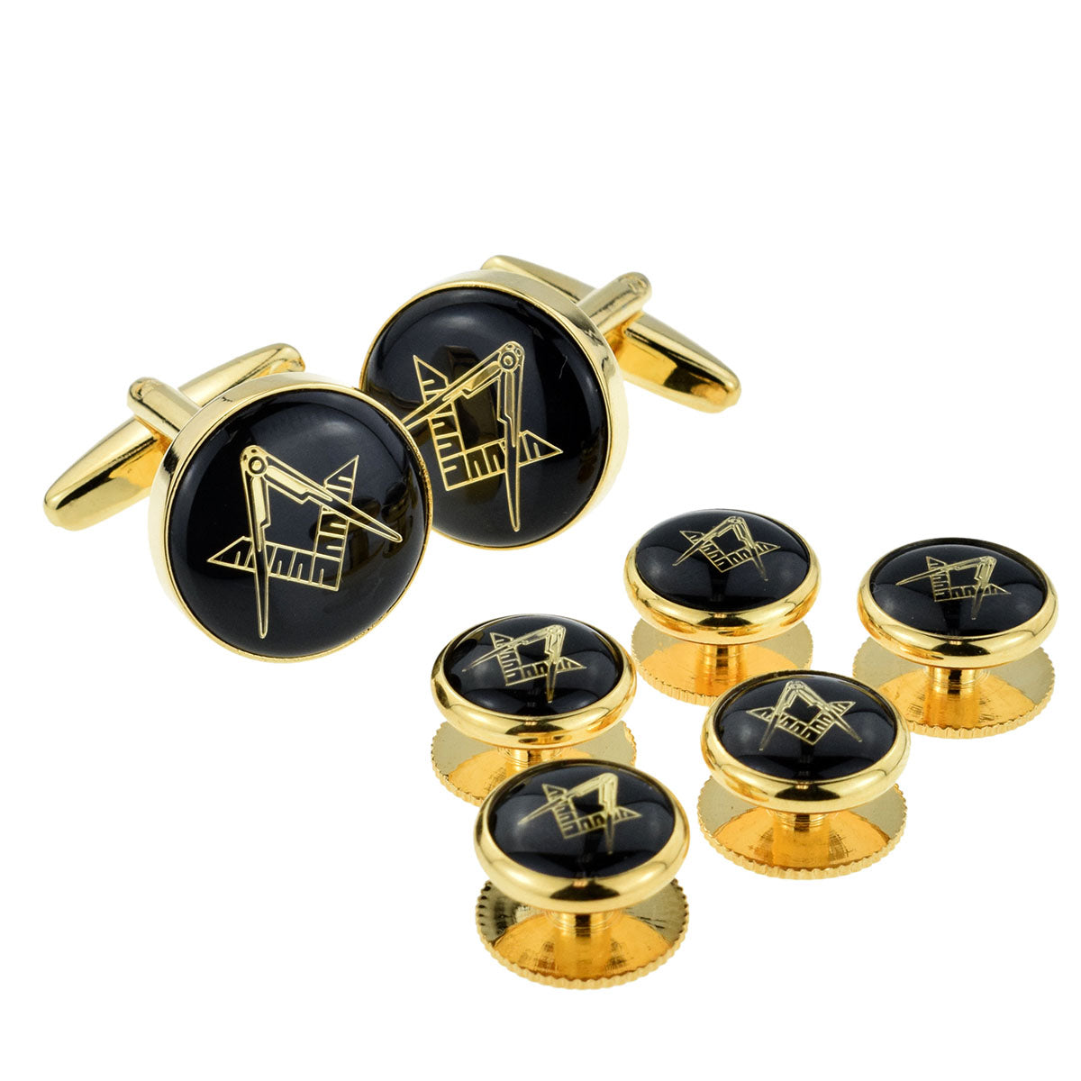 Black & Gold Enamelled Masonic Cufflinks & 5 Button Stud Set | Ashton and Finch