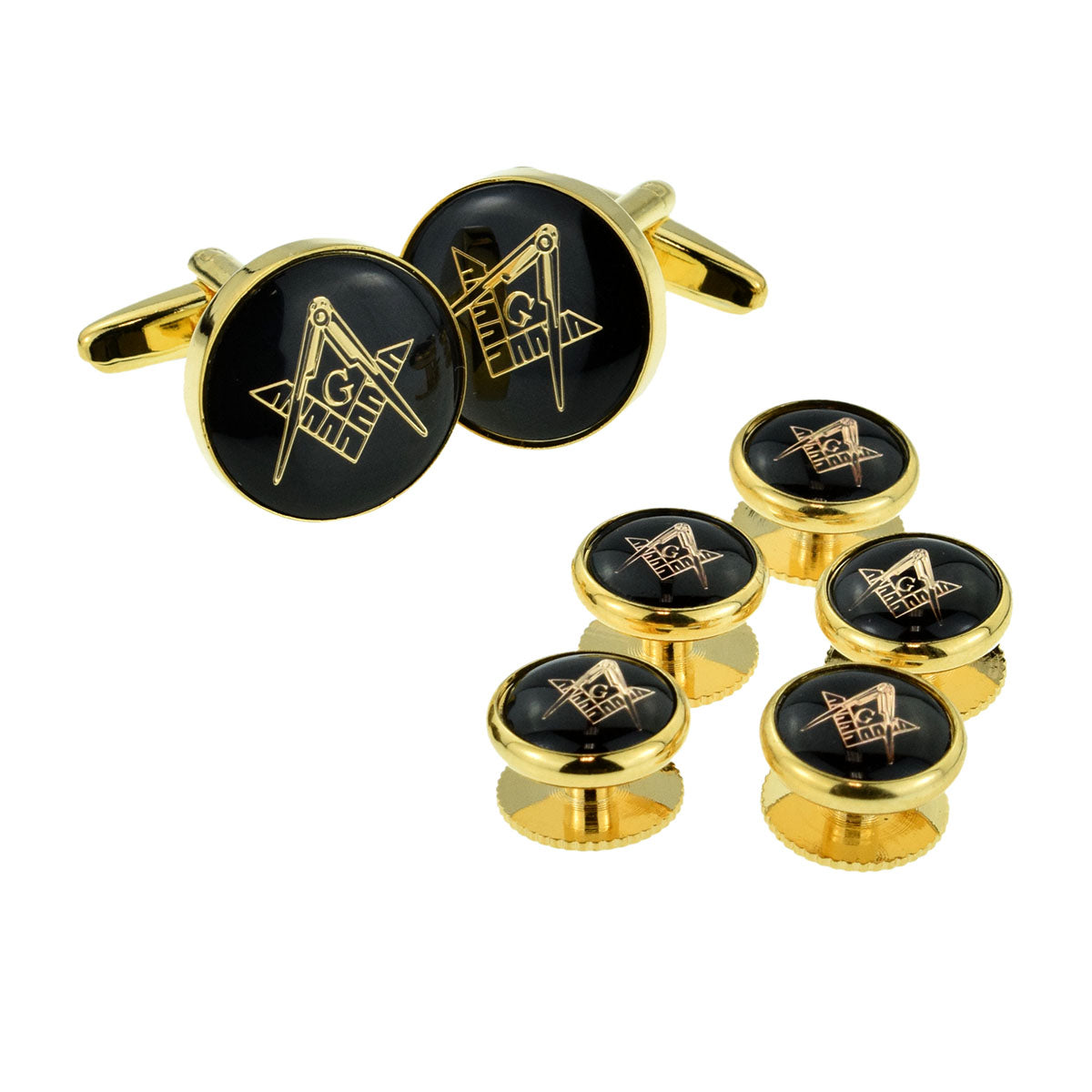 Black & Gold Enamelled Masonic Cufflinks with G & 5 Button Stud Set | Ashton and Finch