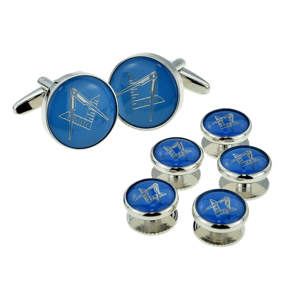 Blue & Silver Enamelled Masonic Cufflinks & 5 Button Stud Set | Ashton and Finch