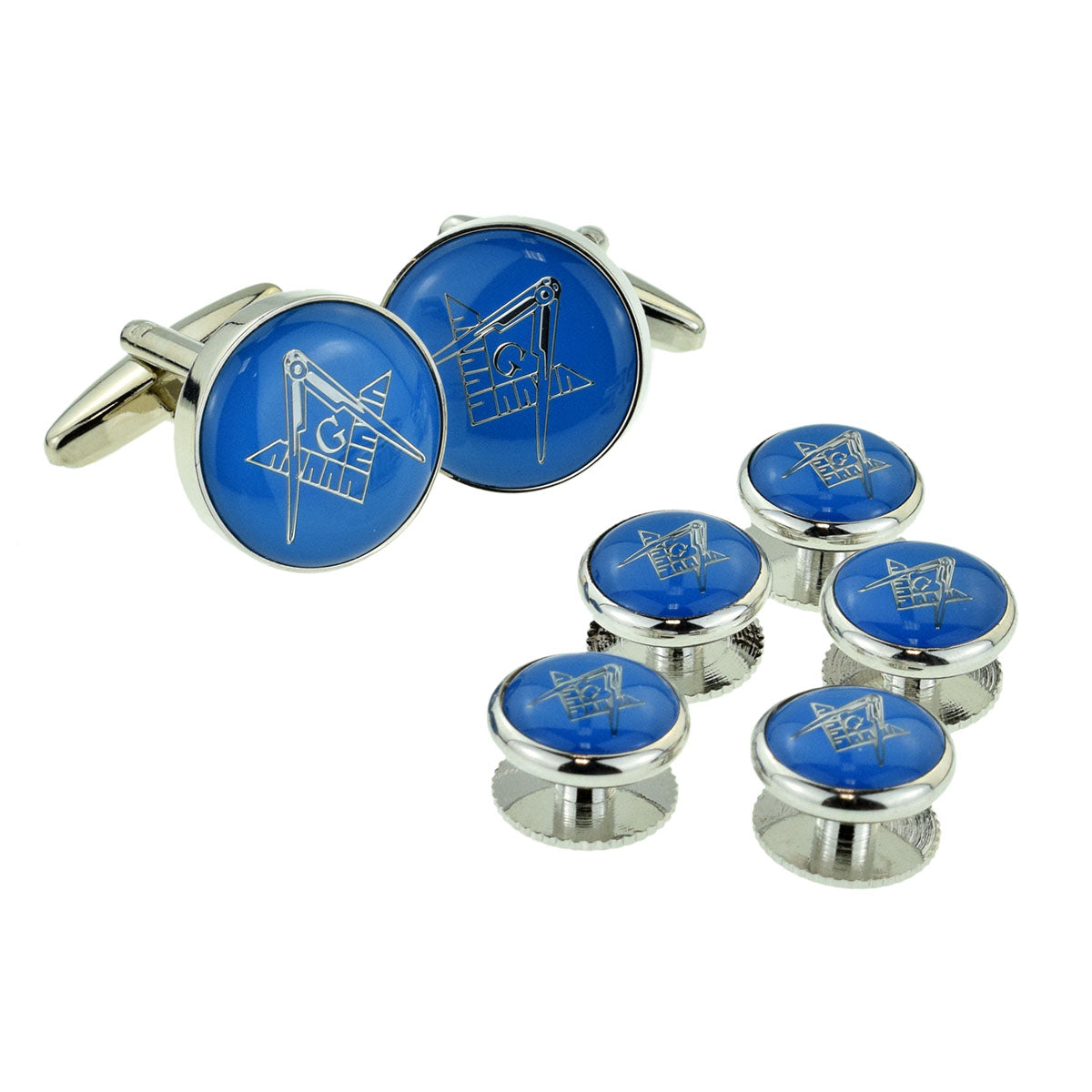 Blue & Silver Enamelled Masonic Cufflinks with G & Button Stud Set | Ashton and Finch