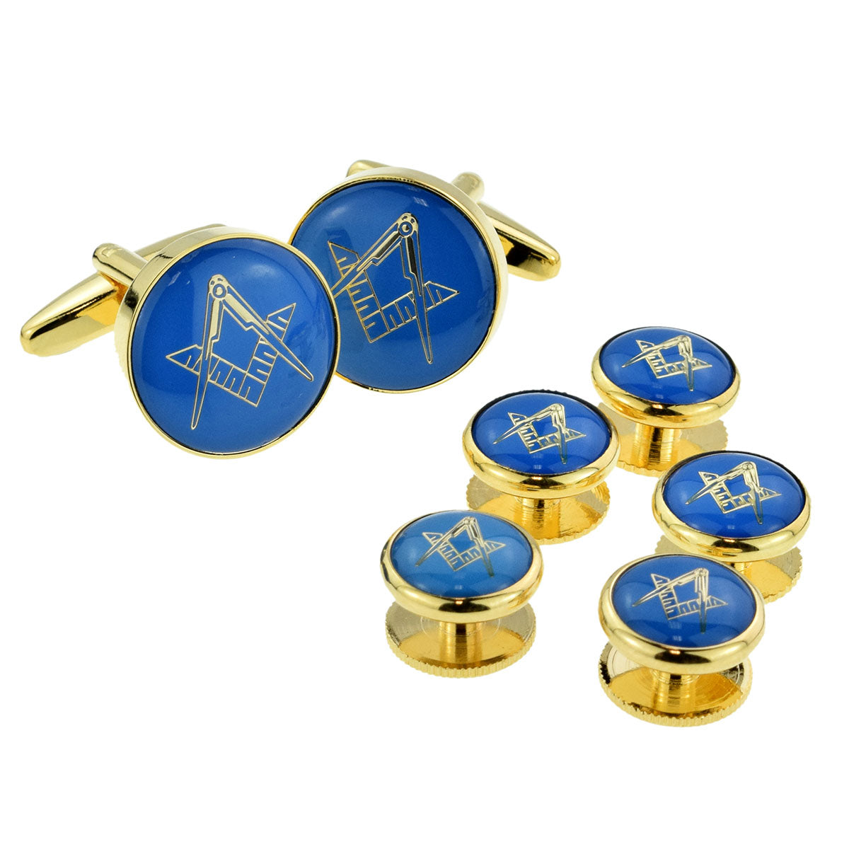 Blue & Gold Enamelled Masonic Cufflinks & 5 Button Stud Set | Ashton and Finch