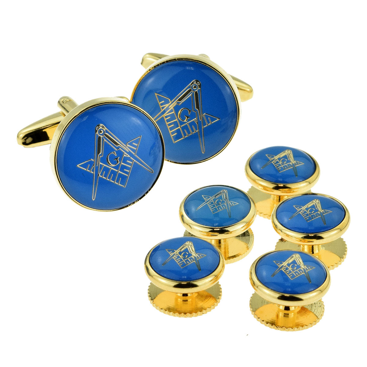 Blue & Gold Enamelled Masonic Cufflinks with G & 5 Button Stud Set | Ashton and Finch