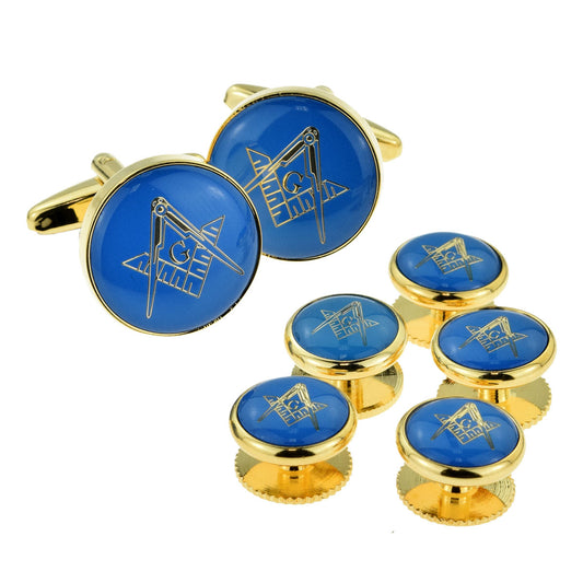 Blue & Gold Enamelled Masonic Cufflinks with G & 5 Button Stud Set | Ashton and Finch