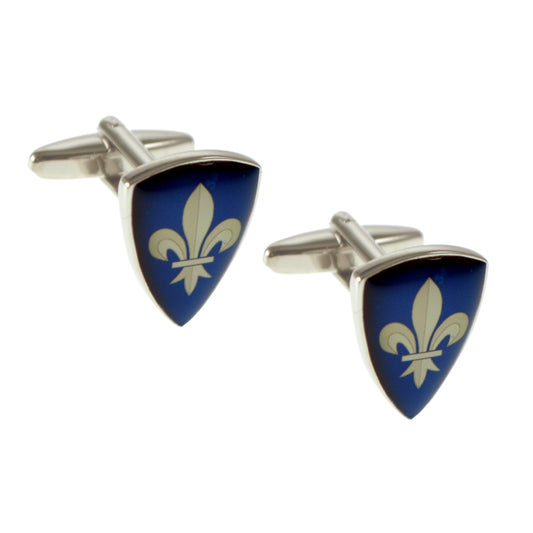 Elegant Blue Shield Shaped Fleur de Lys Domed Design Cufflinks | Ashton and Finch