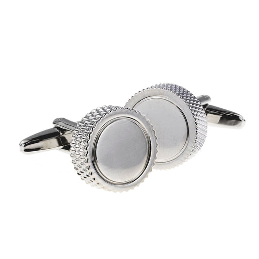 Round 15mm Rhodium Plated Classic Cufflinks Engine Turned Sides (engravable) | Ashton and Finch