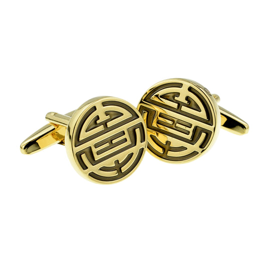 Gold Plated & Black Chinese Longevity Symbol Museum Cufflinks | Ashton and Finch