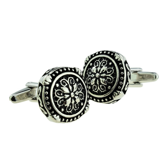 Rounded Gothic Pattern Silver & Black Classic Cufflinks | Ashton and Finch