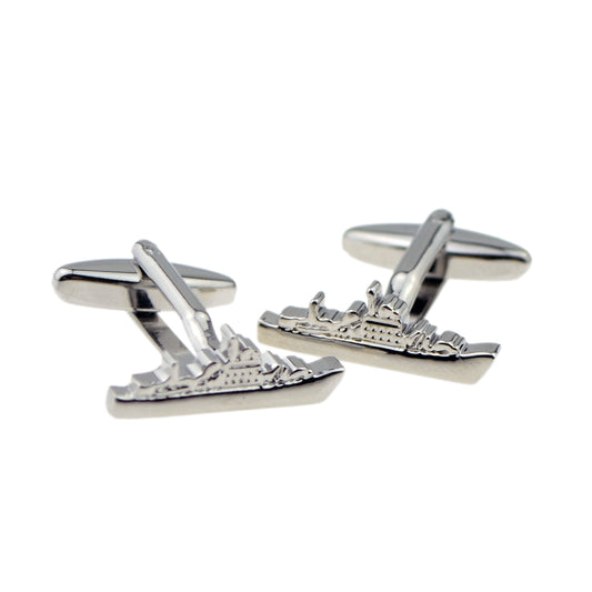 Rhodium Plated Battleship Design Cufflinks | Ashton and Finch