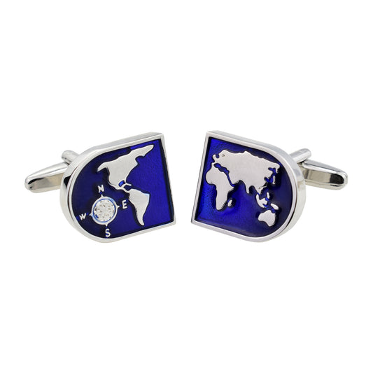 Blue Enamelled Map of the World Joining Cufflinks | Ashton and Finch