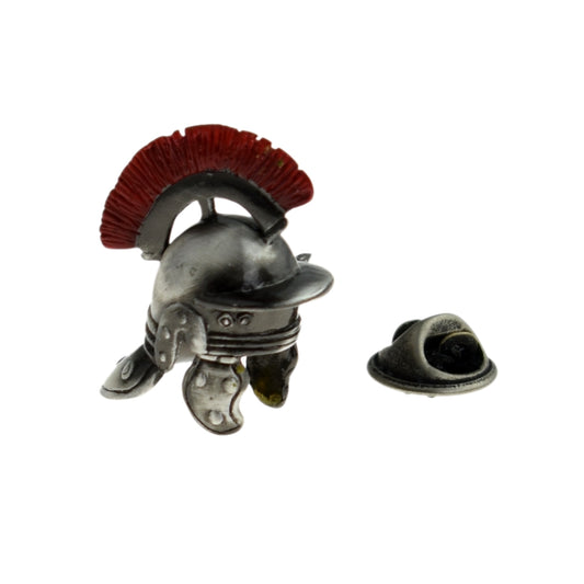 Roman Helmet with Red Plume Antique Finish Lapel Pin Badge