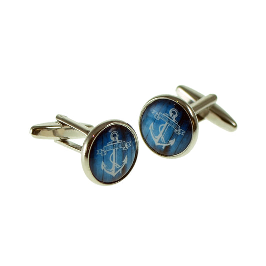 Nautical Blue Wood & Anchor Design Cufflinks | Ashton and Finch