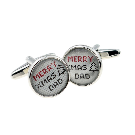 Retro Merry Xmas Dad Cross Stitch Round Cufflinks | Ashton and Finch