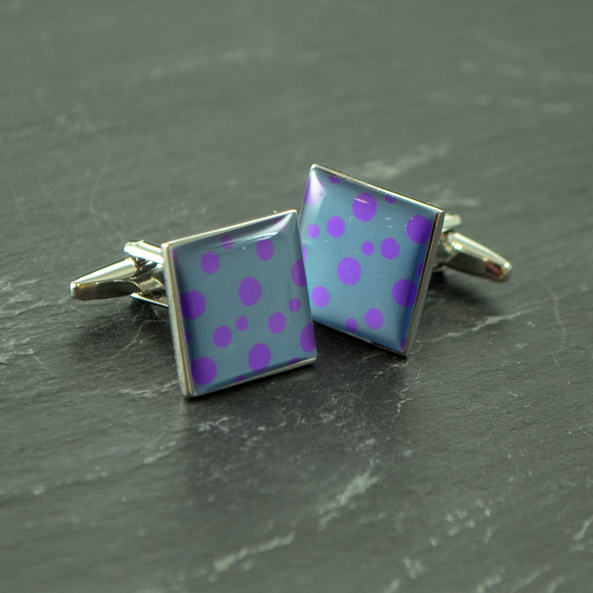 Puple Spotted Cufflinks on Grey Background | Ashton and Finch