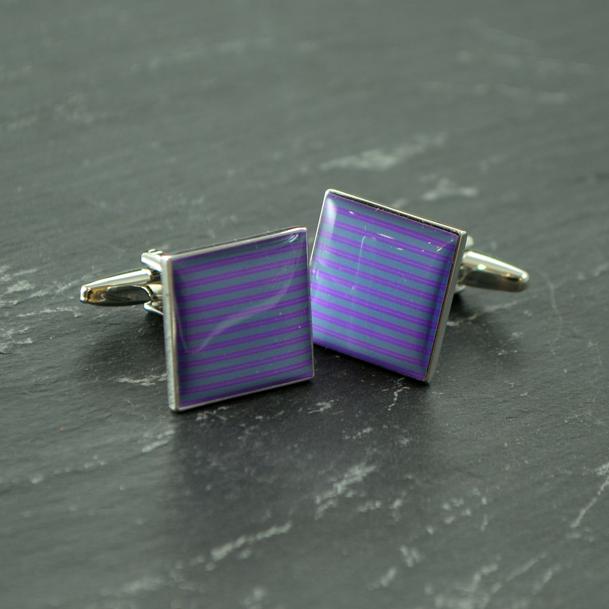 Puple Striped Cufflinks on Grey Background | Ashton and Finch